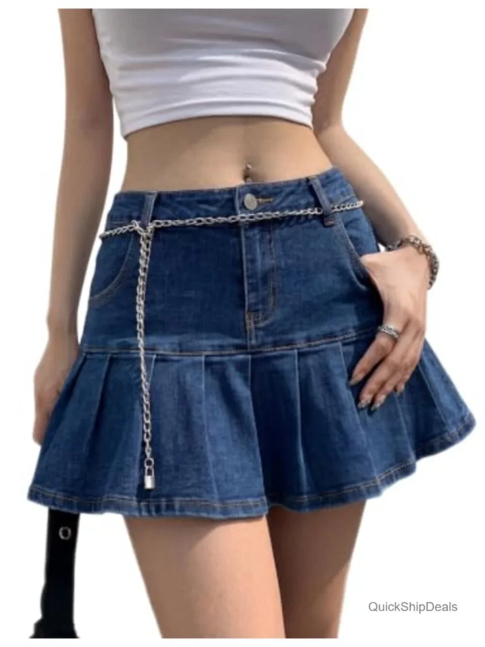Denim Skort Mini Skirt with Built-in Shorts Ruffle Pleated Y2K A-Line Jean Skirt